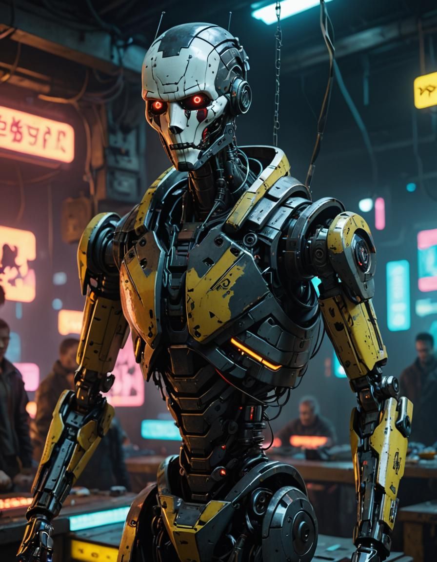 Robot Marionette in Cyberpunk Neon City