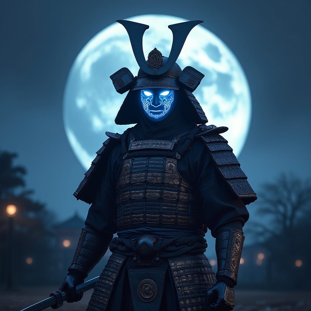 Bioluminescent Samurai Warrior in Moonlit Landscape