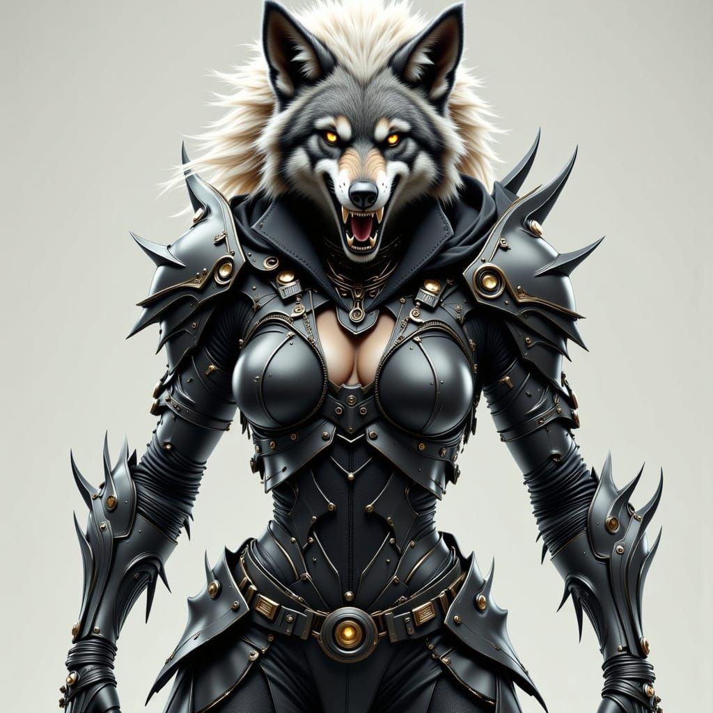 Futuristic Wolf Woman Warrior in Composite Armor