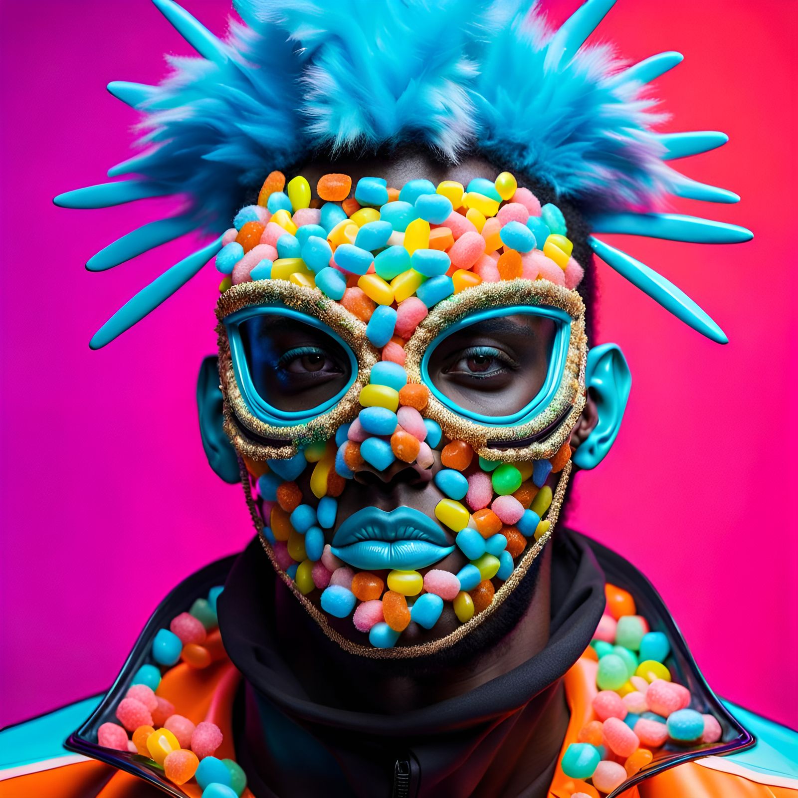 Candy Mask Portrait on Neon Background