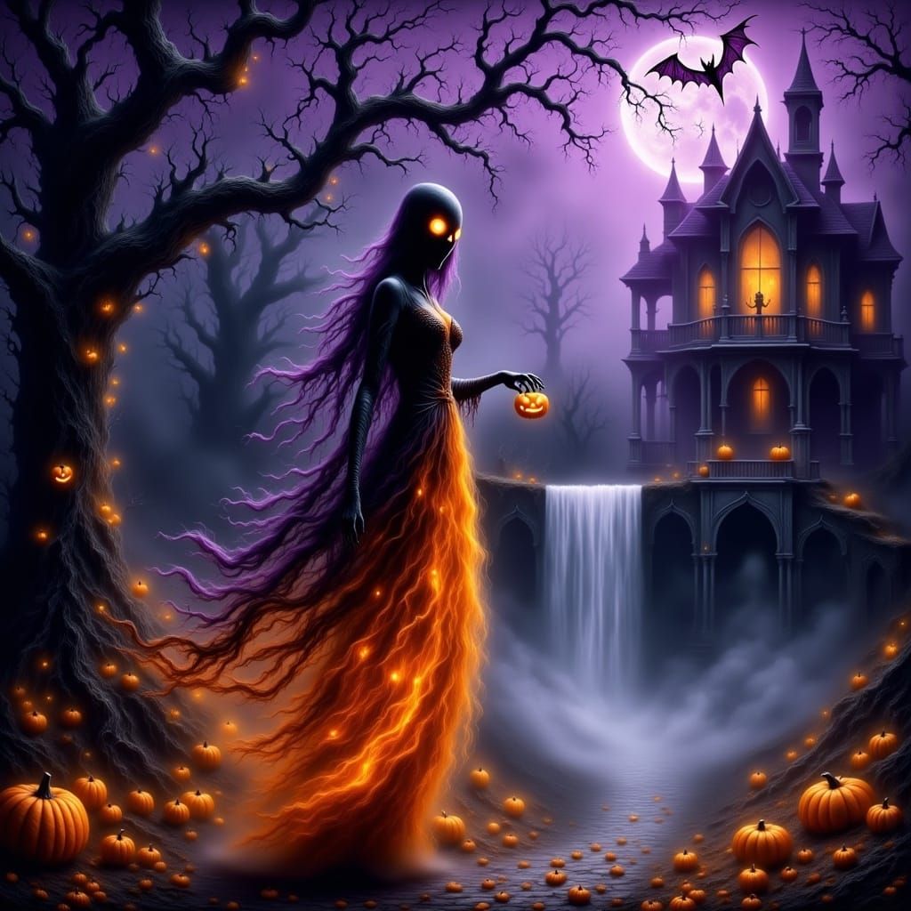 Ethereal Ghost Woman in Autumn Fantasy Landscape