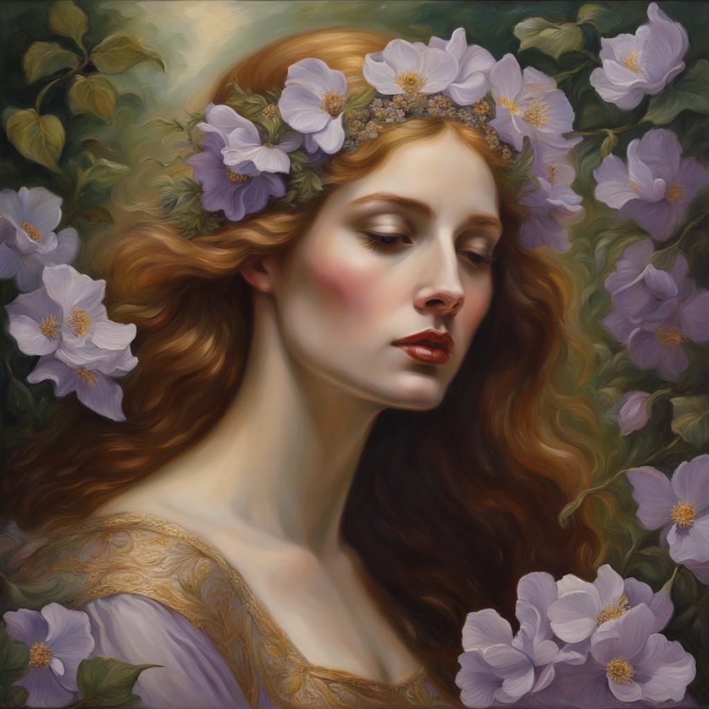 Pre-Raphaelite Woman with Holy Grail on Hill