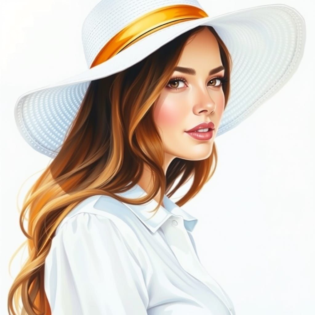 Realistic Woman with Sun Hat in Watercolor Style