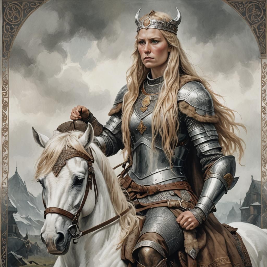 Viking Woman Portrait on White Horse