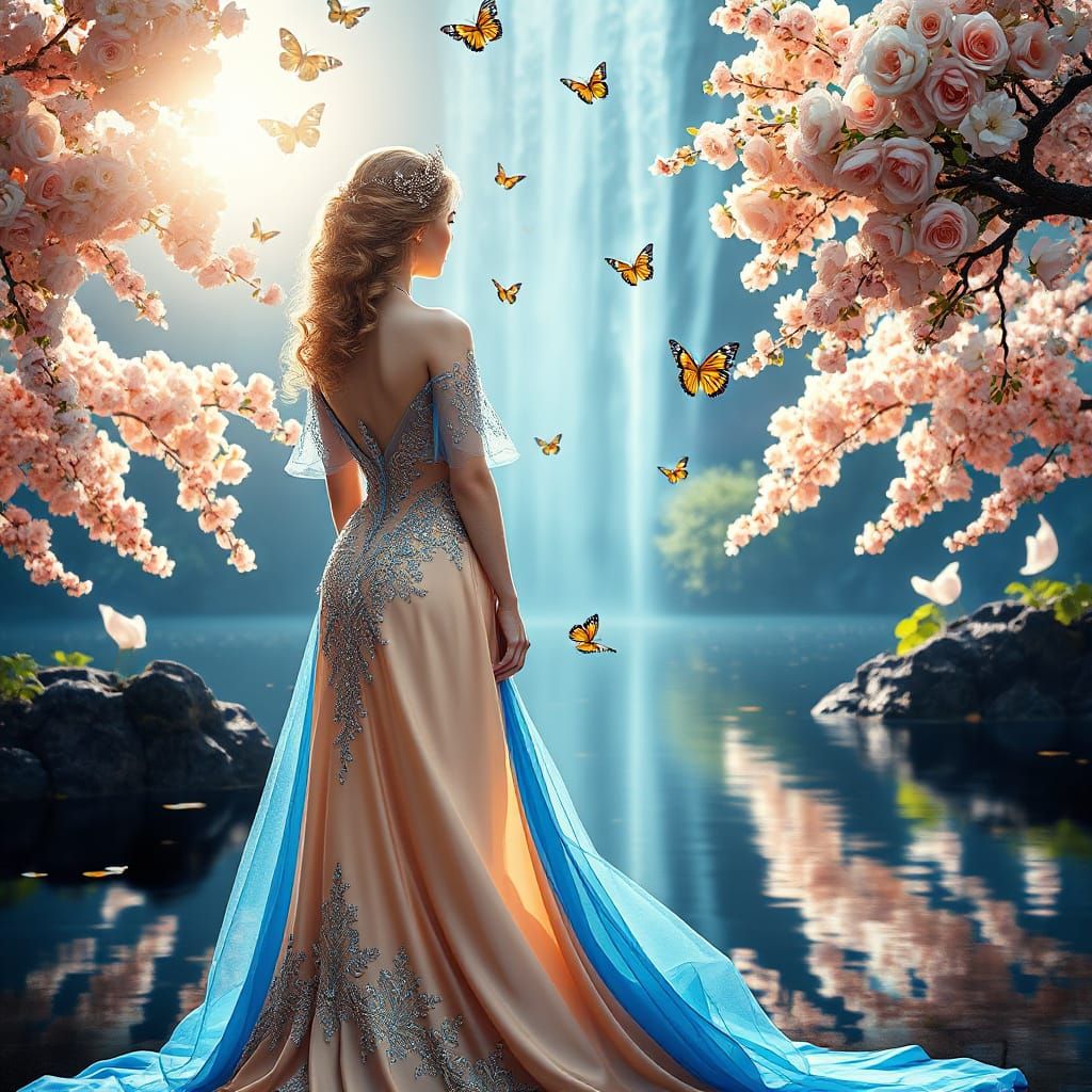 Woman in Regal Royal Blue Gown Amidst Waterfall