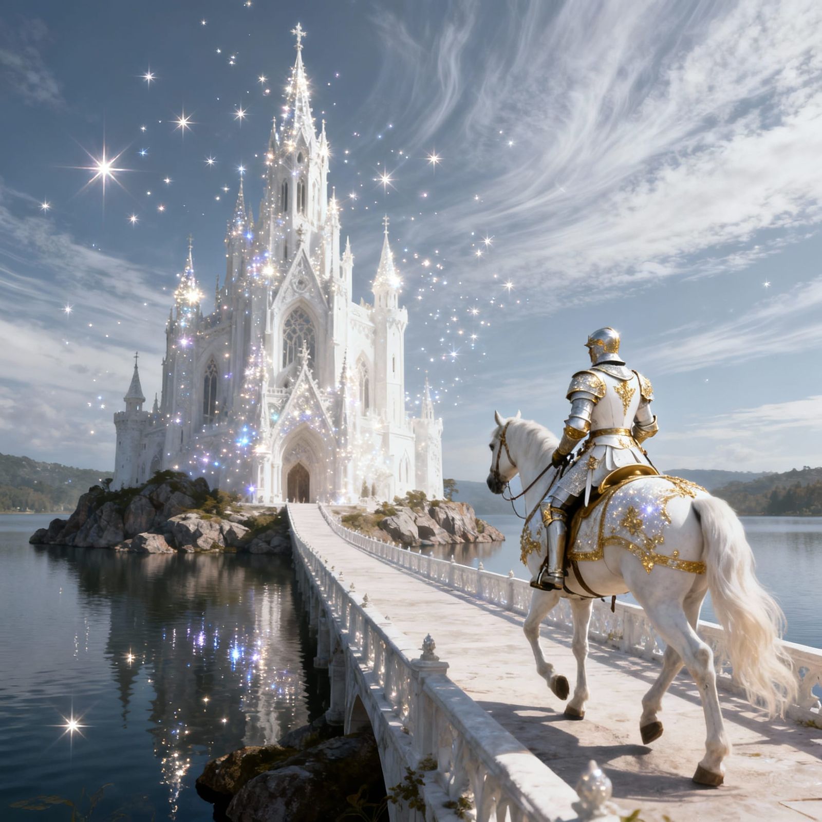 Sparkling Gothic Castle on Island with Knight
