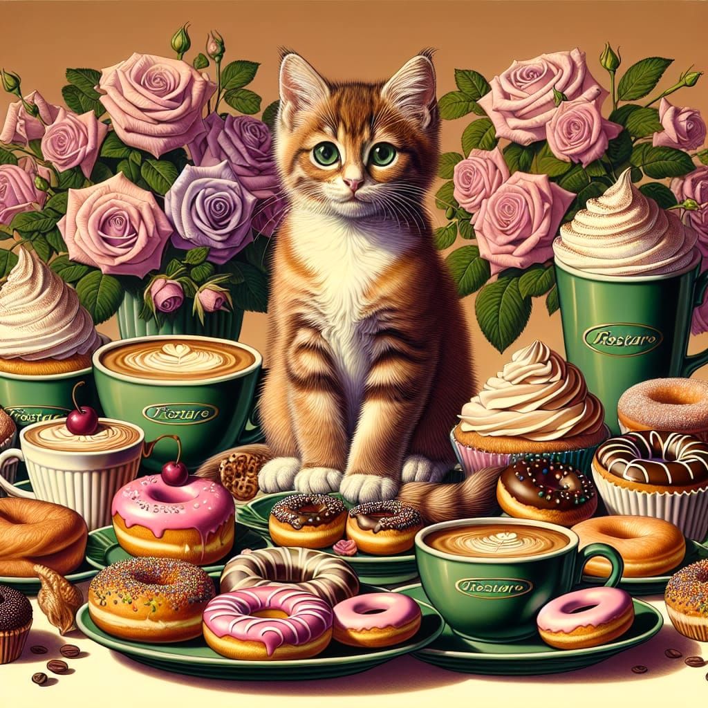 Tabby Kitten's Delight: Latte, Donuts, and Roses