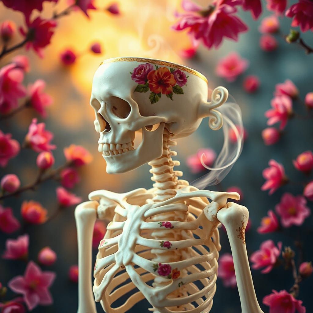 Skeleton with Coffee Cup Head, Floral Artistry