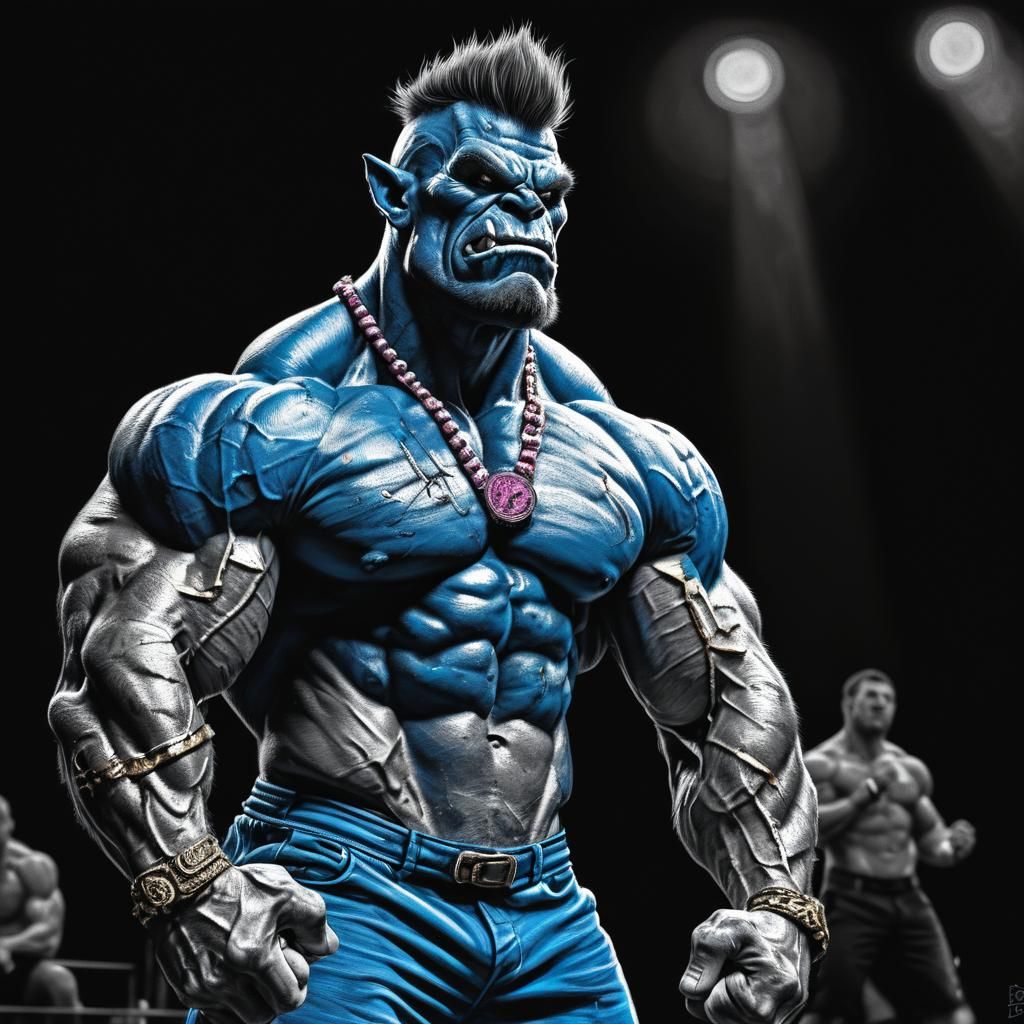 Muscular Ork Flexing: Monochrome Charcoal Art