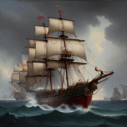 Galleon Under Siege in a Turbulent Red Storm, in the Style o...