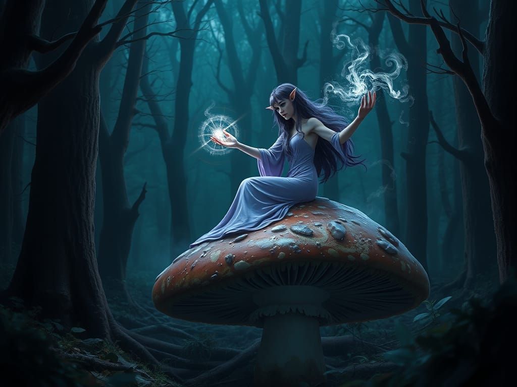 Dark Elf Casting Spell in Enchanted Forest on Giant Mushroom