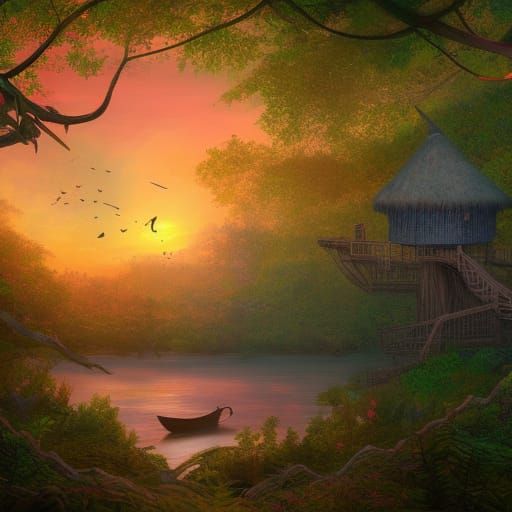 Colorful Treehouse in Mangrove Swamp Sunset