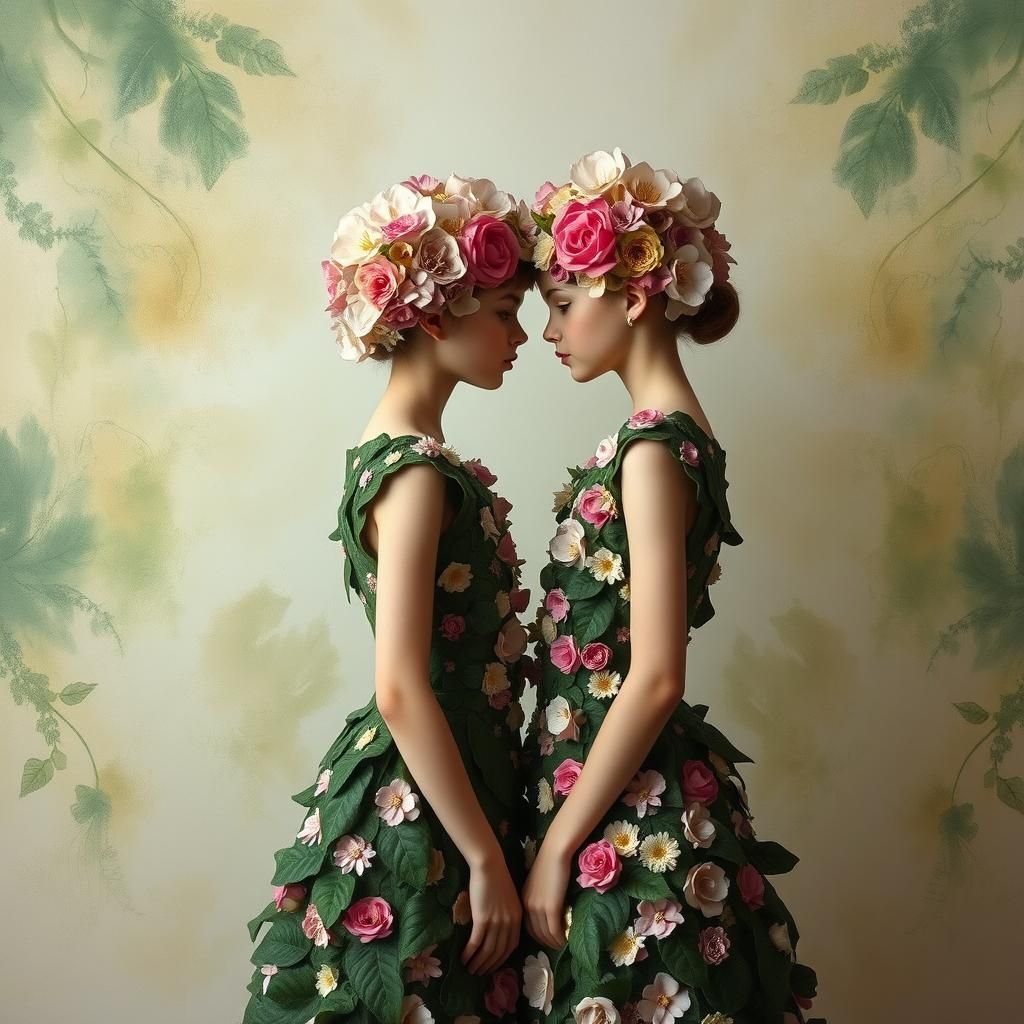 Floral Face-Off: Two Girls in a Surreal Garden