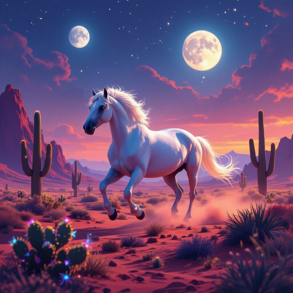 White Horse Gallops Through Alien Desert With Twin Moons