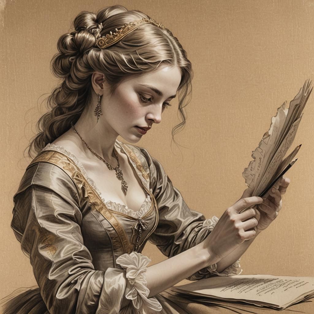 Baroque Woman Portrait with Graphite Sketch Details