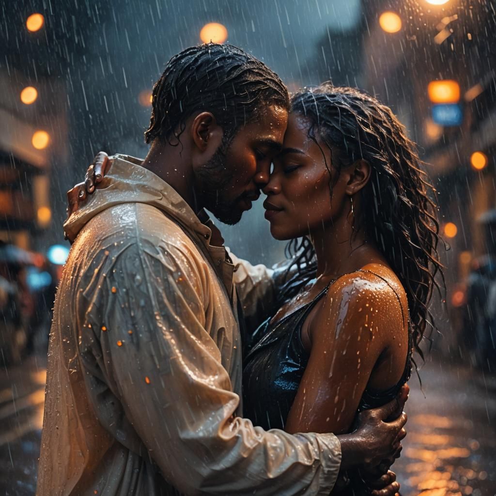 Romantic Couple Embrace in Rainy Cityscape