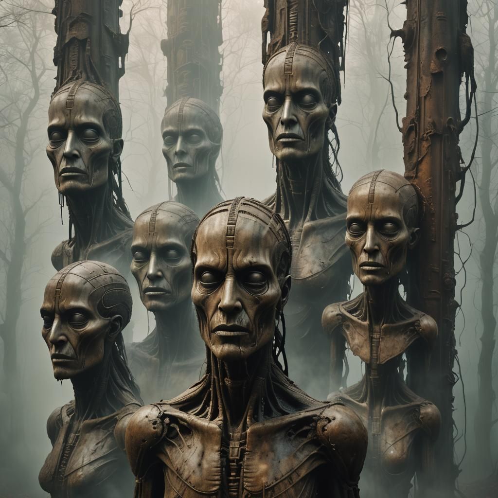 Surreal Face Sculptures in Fog, Inspired by Giger