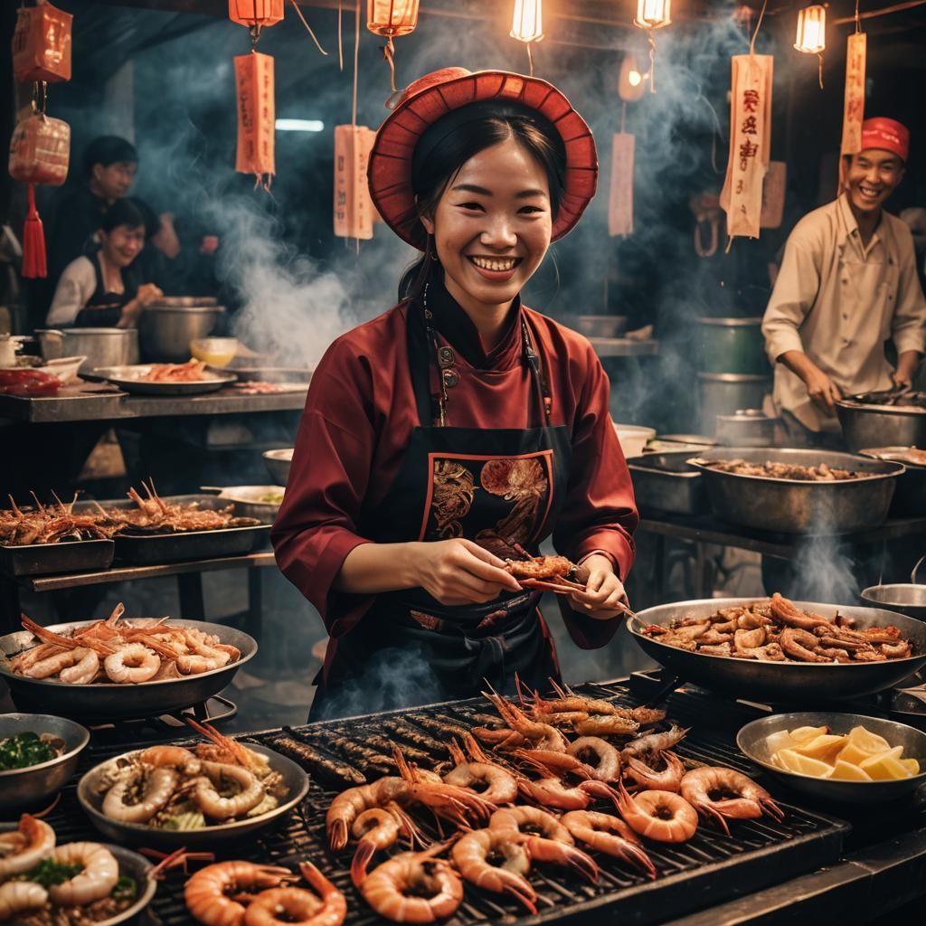 Vietnamese Woman Selling Grilled Seafood: Film Still