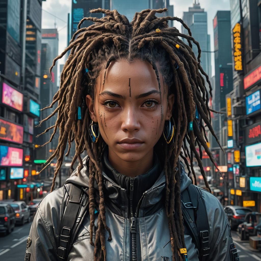 Hyperrealistic Portrait with Dreadlocks in Cyberpunk City