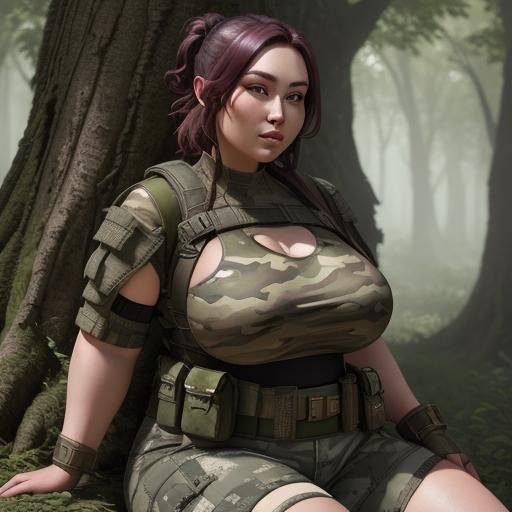 Chubby Soldier Girl in Camo, Detailed Matte Painting
