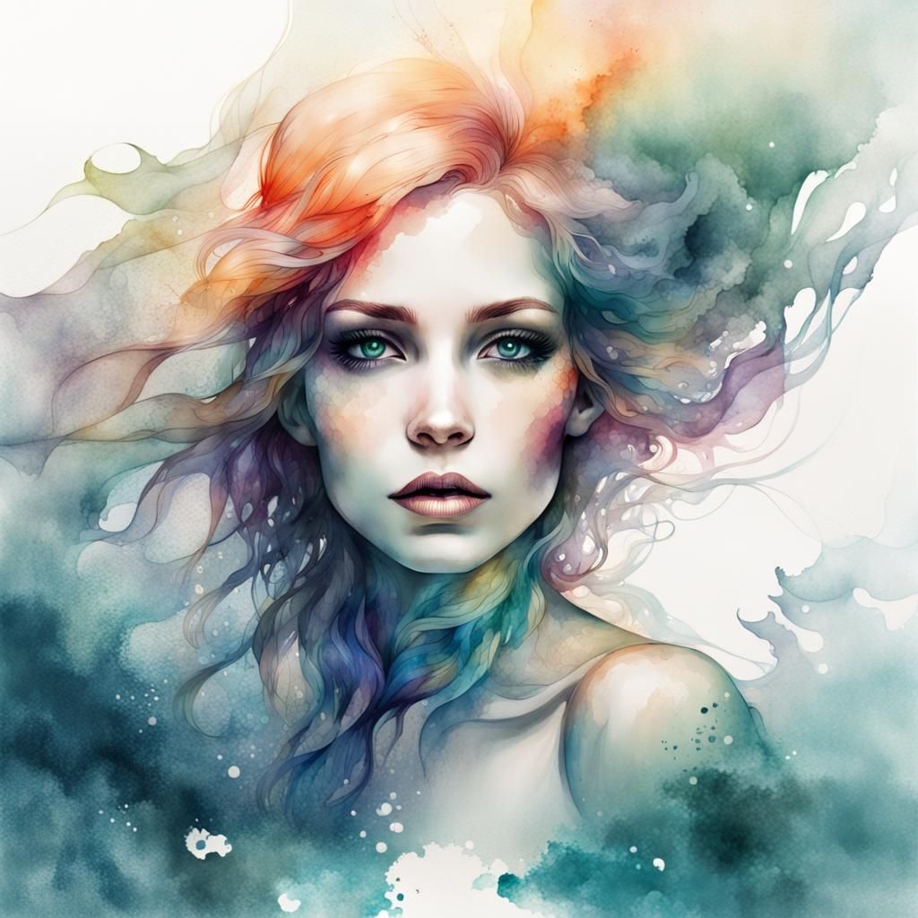 Seascape Mermaid Portrait in Watercolor Style
