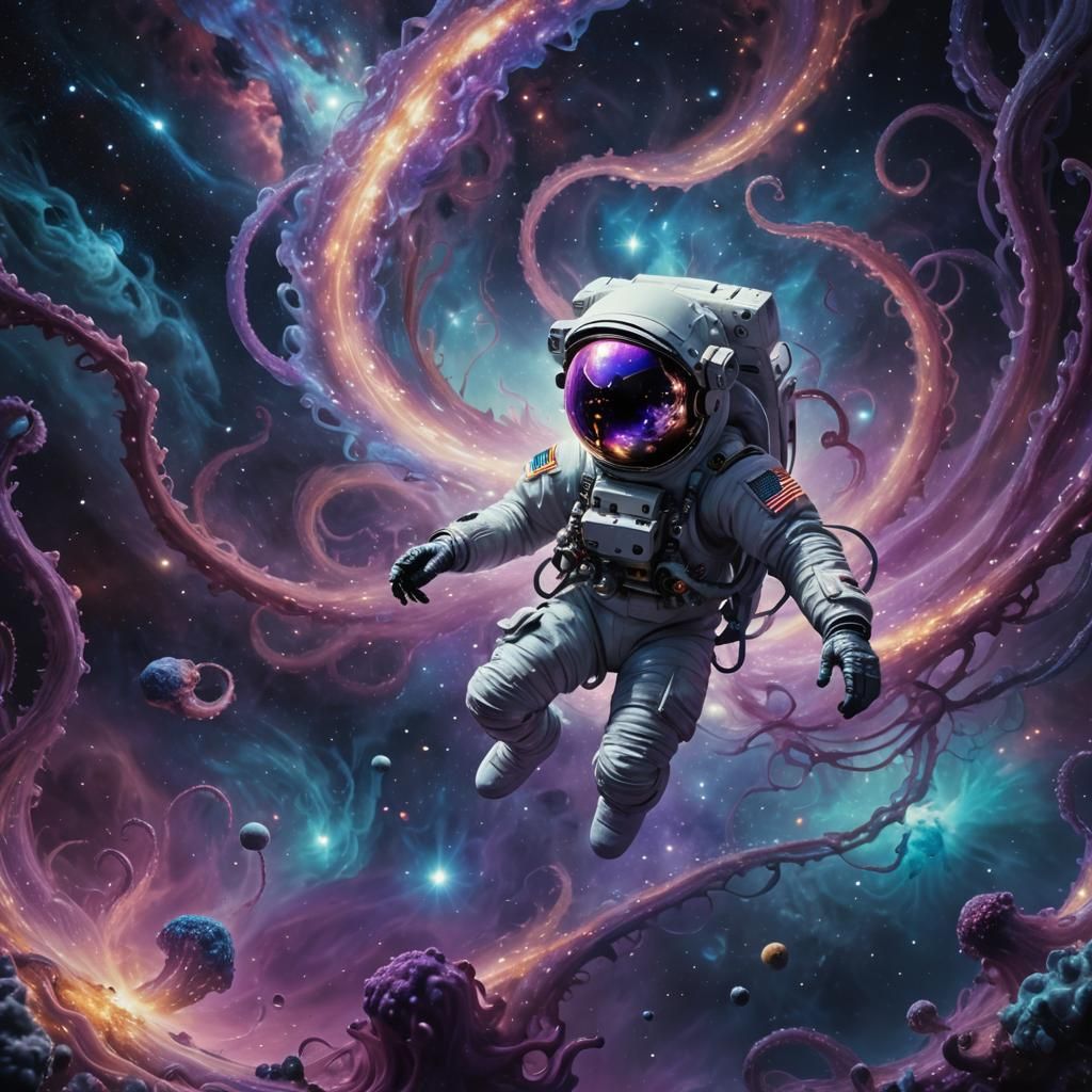 Astronaut vs Space Squid in Cosmic Surrealism