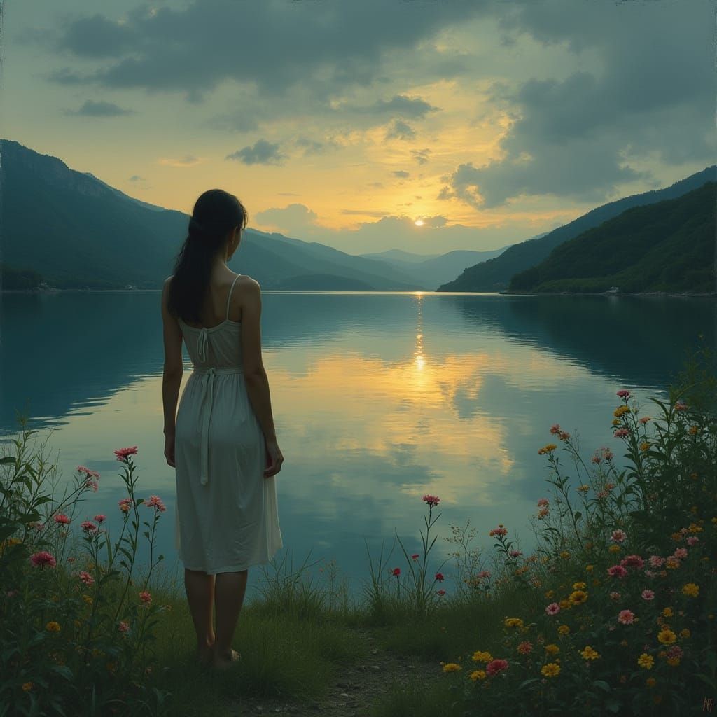 Surreal Woman Contemplates Inner Turmoil at Sunset