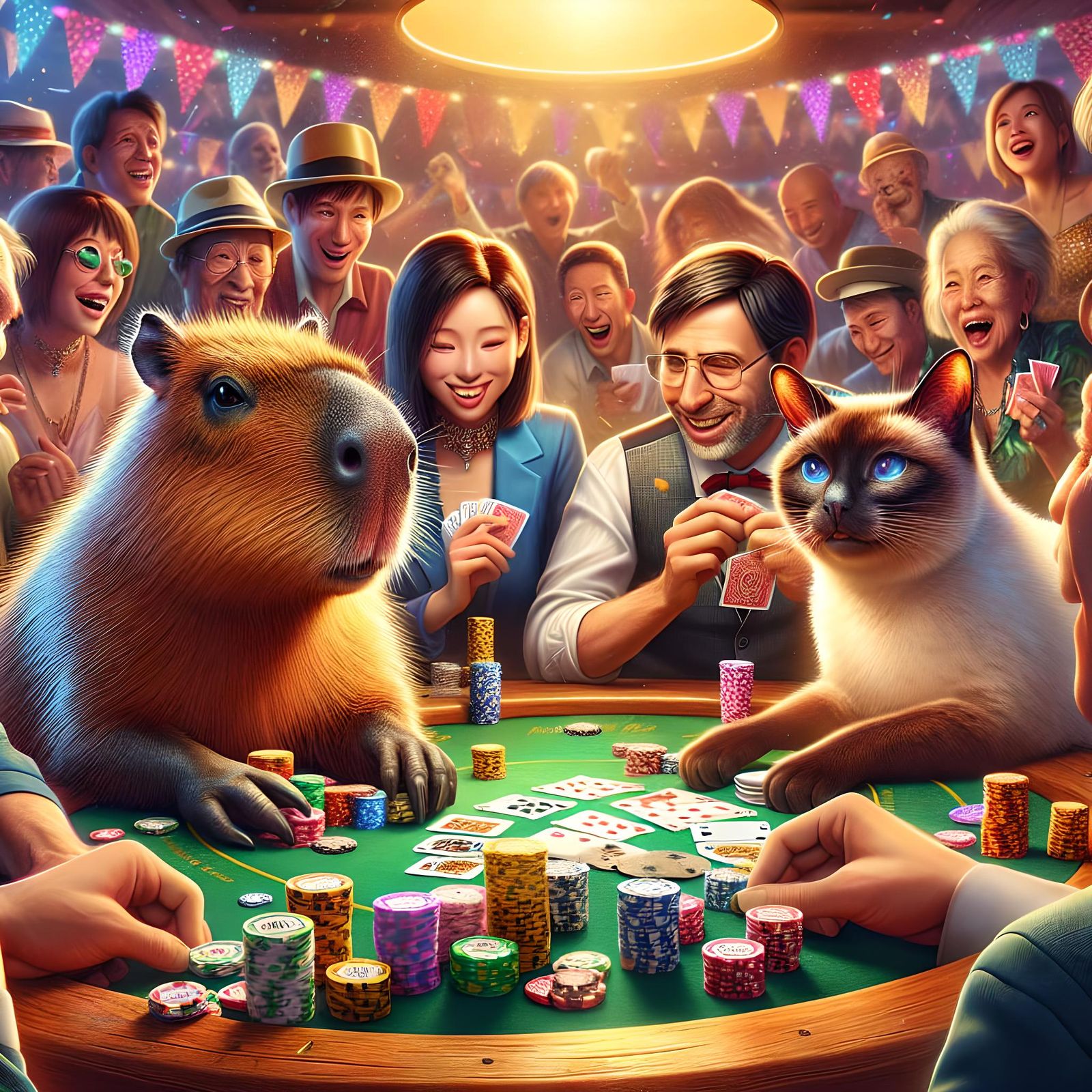 Capybara and Siamese Cat Poker Game in Hyperrealism