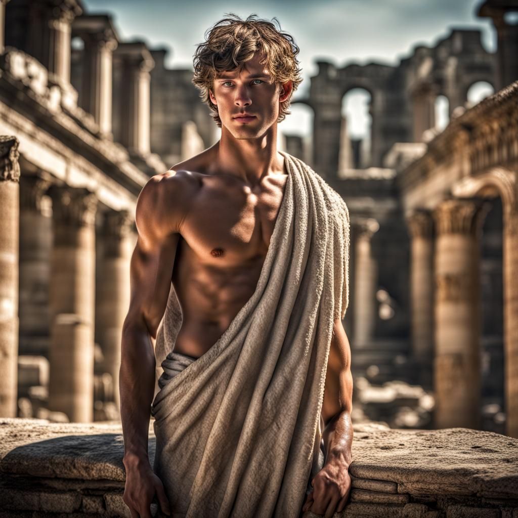 Hyperrealistic Roman Youth in Ancient Ruins