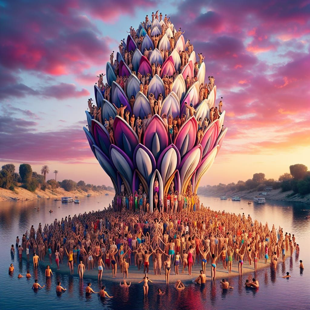 Hyperrealistic Tower of People on Nile at Sunset
