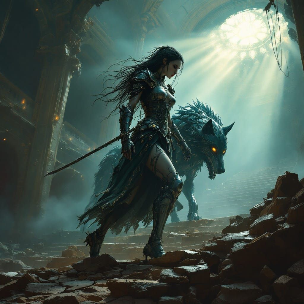 Warrior Princess in Decaying Opera House, Dark Fantasy Art