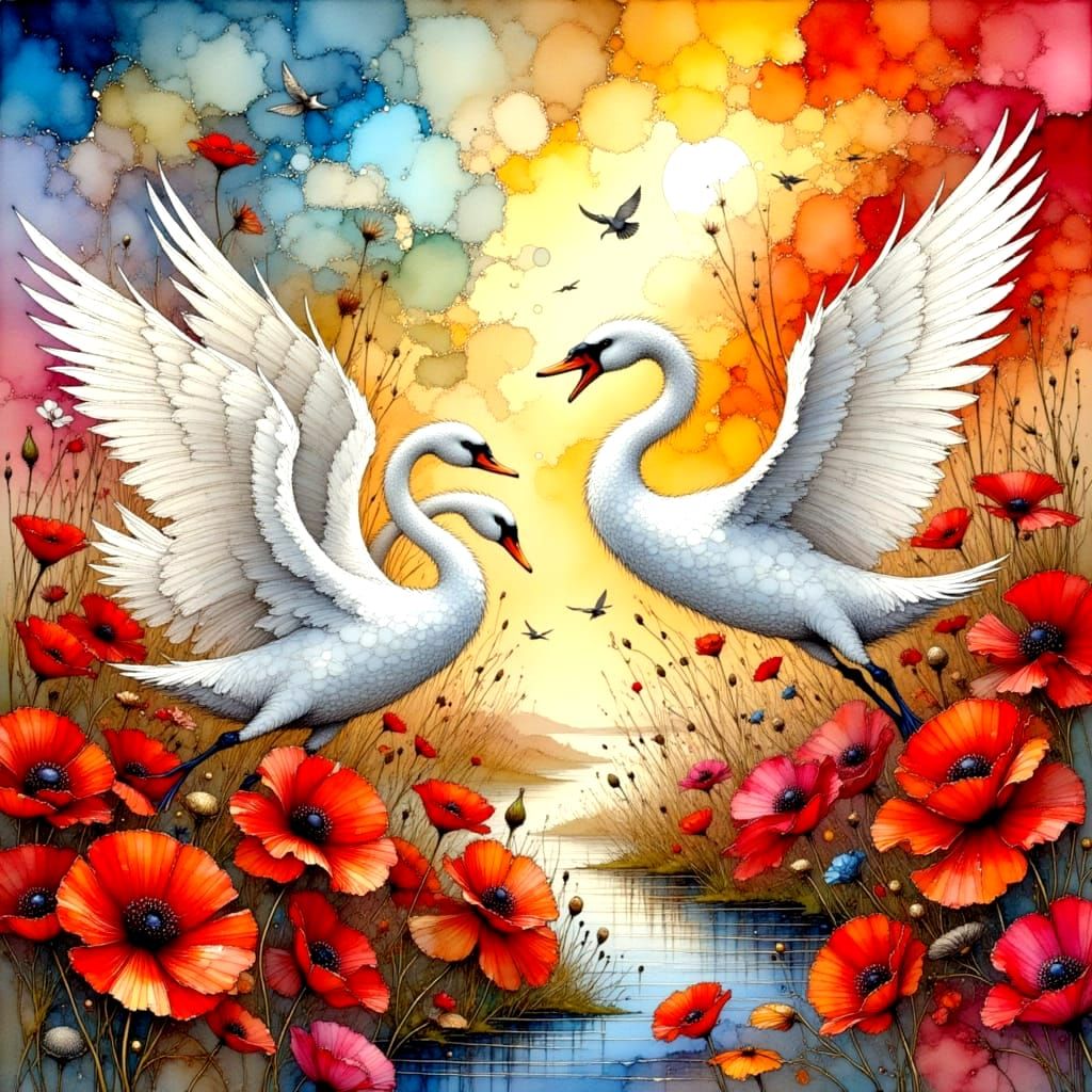 Swans Fly Over Poppies in Alcohol Ink Style