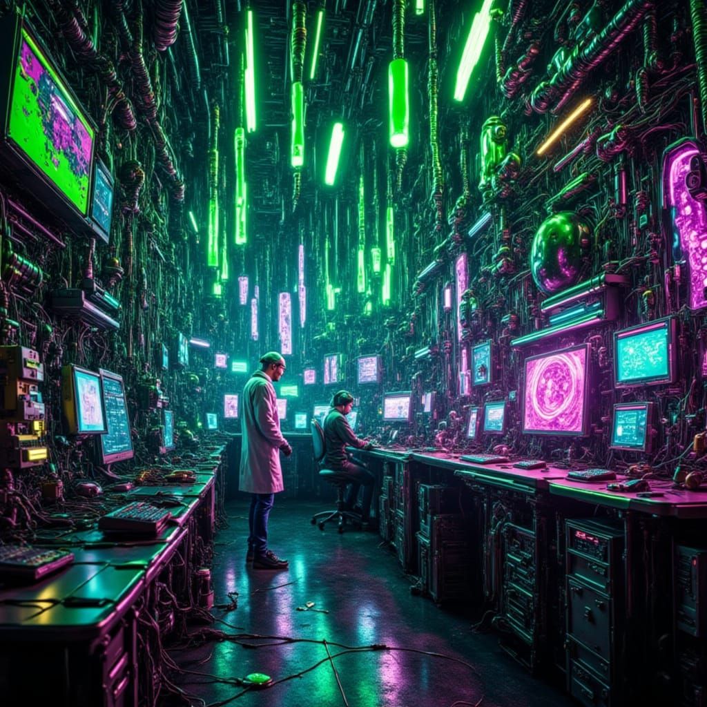 Biopunk Laboratory with Living Machines and Glowing Tubes