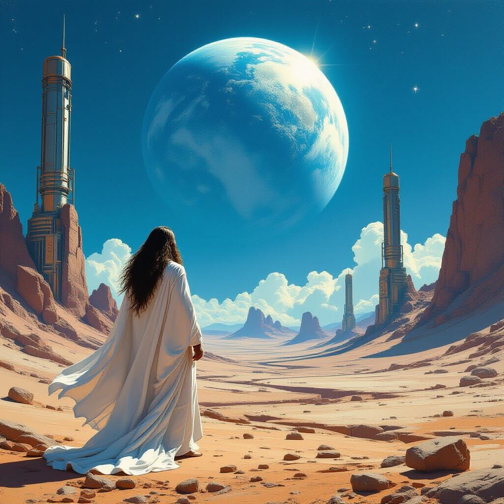 Yogi Gazing at Earth in Retro-Futuristic Sci-Fi