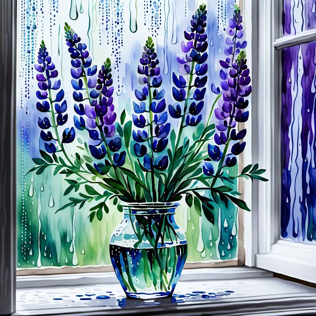 a vase half filled with sparkling water filled with purple lupines, window pane with rain spilling down, Watercolor Wash...