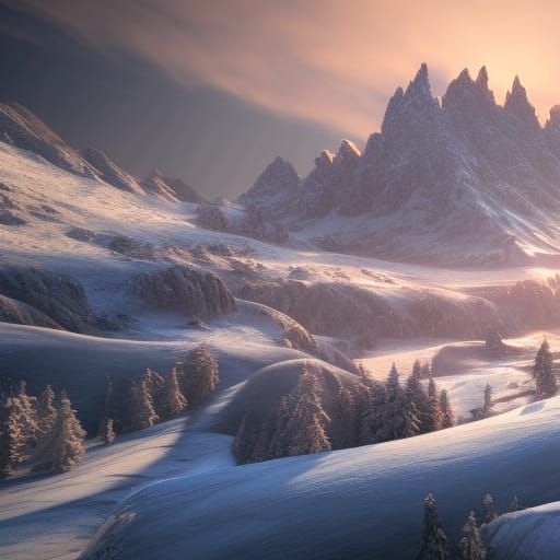 Snowy Mountain Valley Sunrise in Detailed Digital Painting
