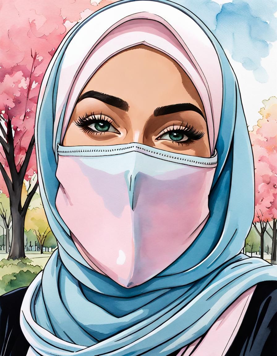 Elegant Hijabi Portrait with Facemask in Watercolor Style
