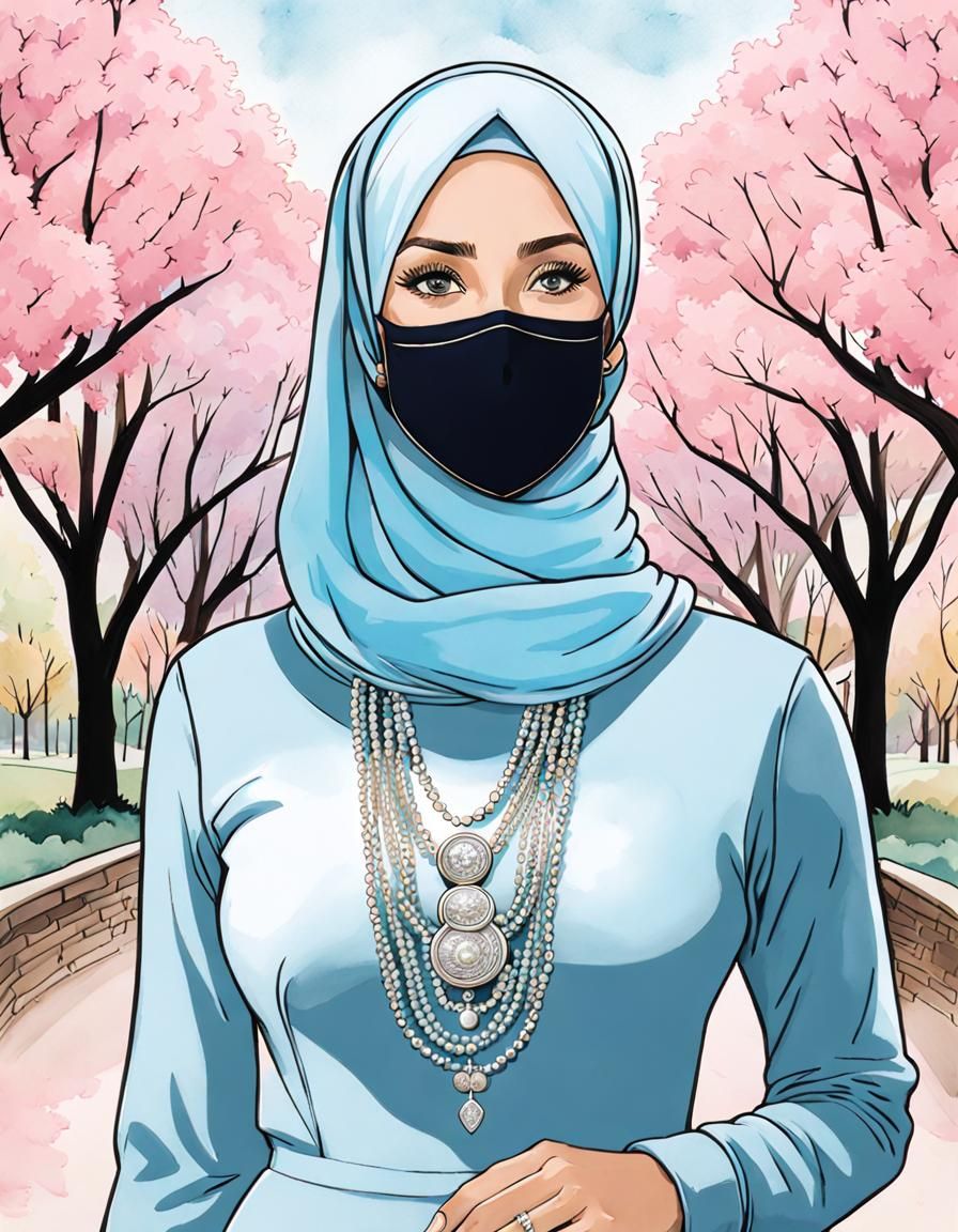 Smiling Hijabi Woman in City Park, Watercolor Style
