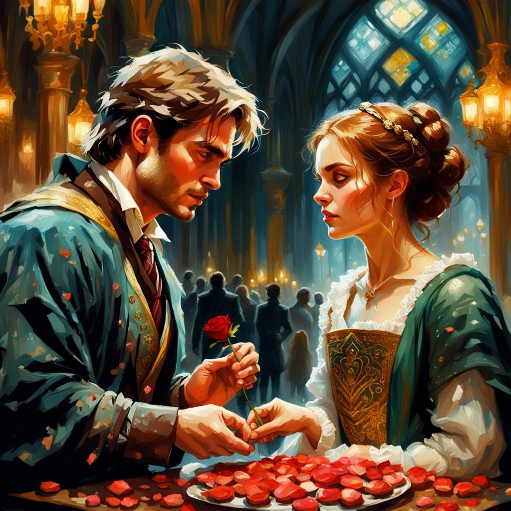 Pretty Hermione and the adorable Cedric Diggory exchanging Valentine's chocolates and roses.