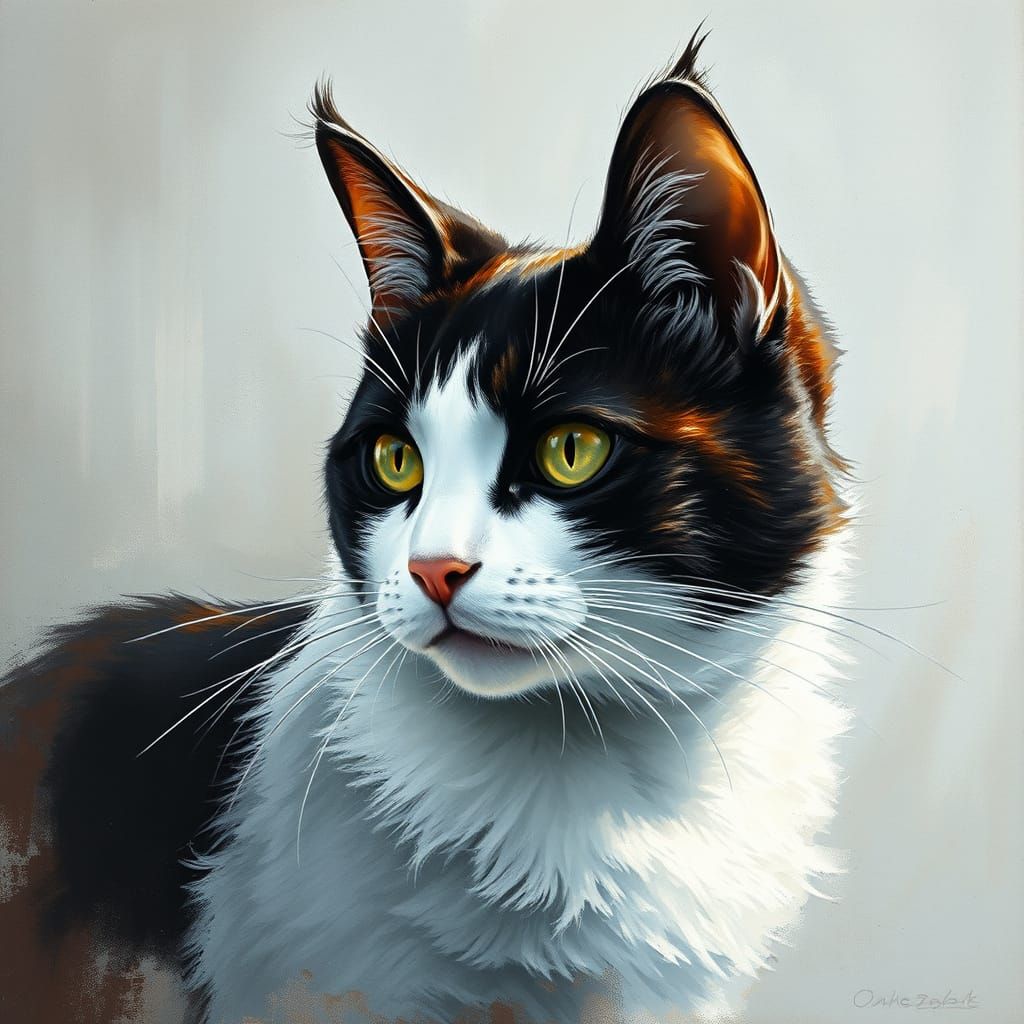 Cat Hugging Girl: Gouache Charcoal Impressionist Drawing