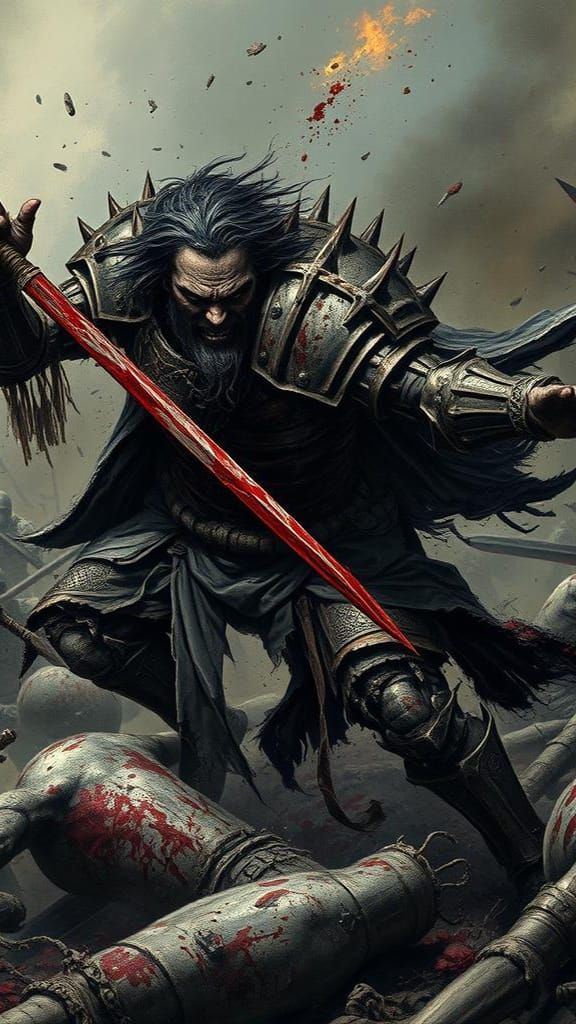 Fierce Warrior Amidst Battleground Carnage