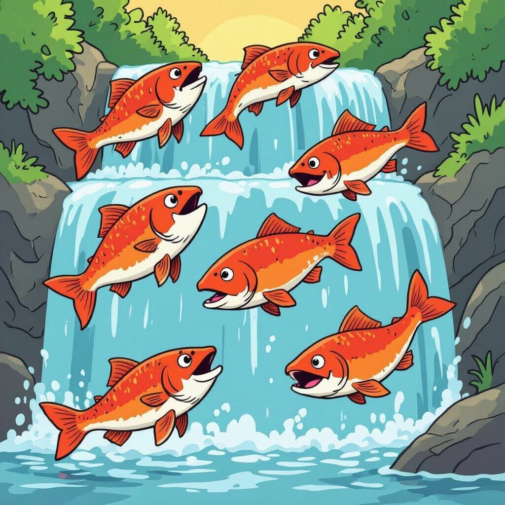 Cartoon Salmon on Waterfall in Larson Style
