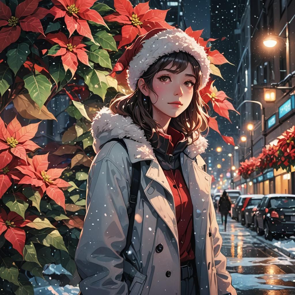 Urban Fantasy Christmas: Poinsettia in Anime Style