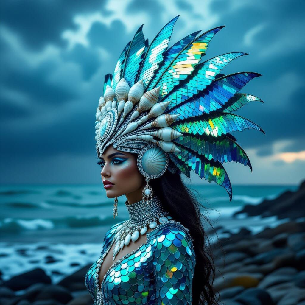 Regal Figure with Fish Scale Headdress on Stormy Shore