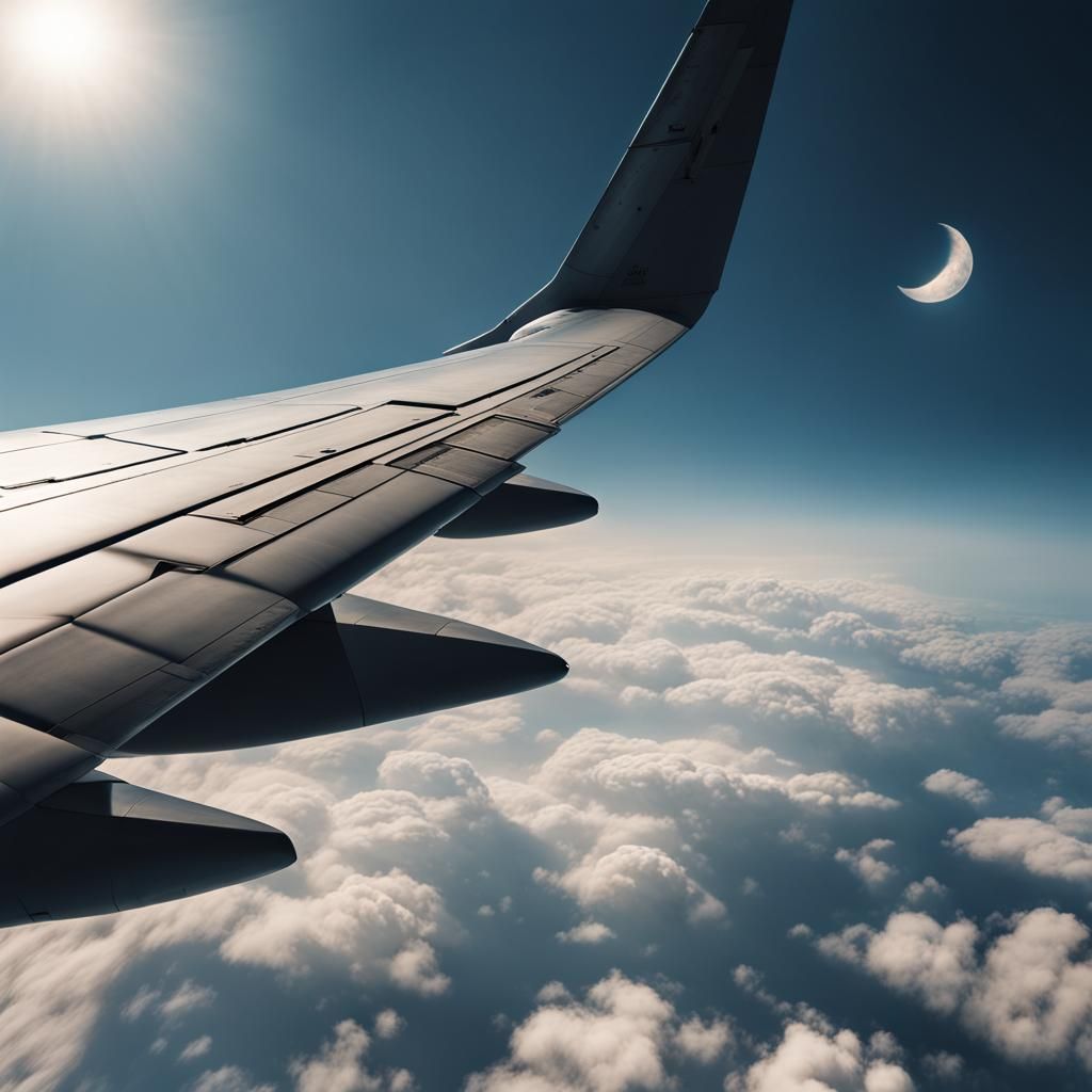 Airplane Flying with Sun and Moon, Hyperrealistic Image