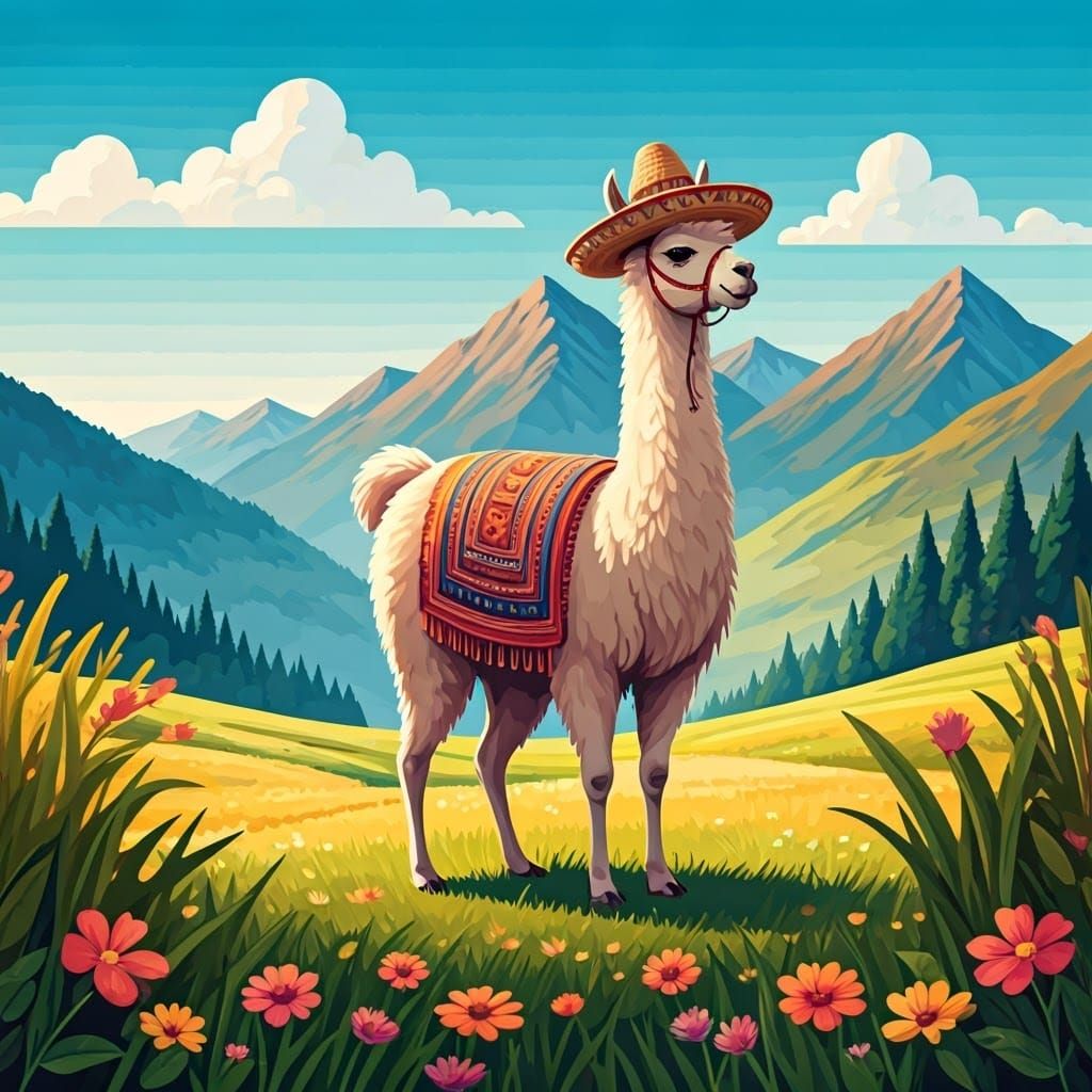 Llama in Sombrero, Folk Art Andes Scene
