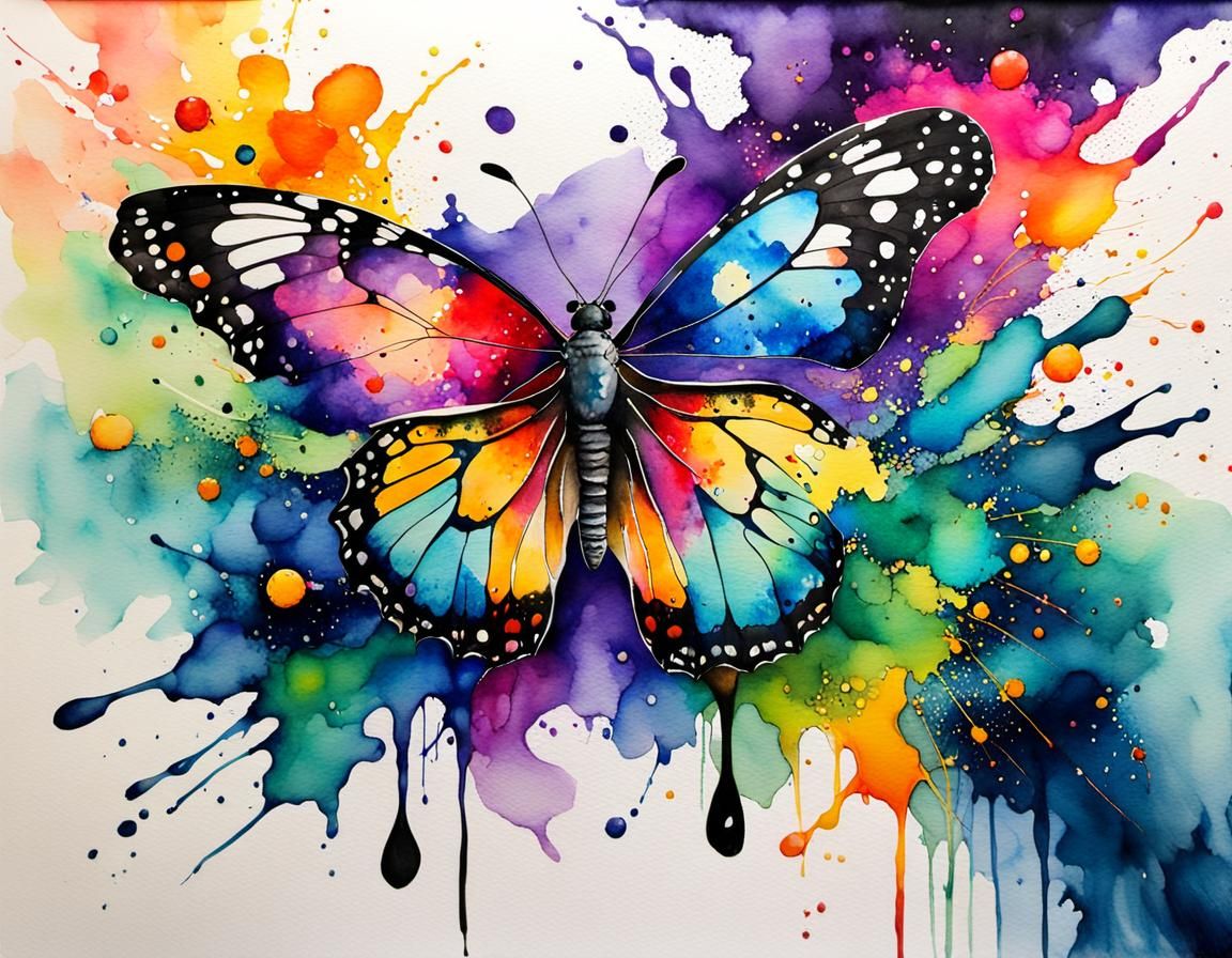 Colorful Watercolor Butterfly with Alcohol Ink Splatters