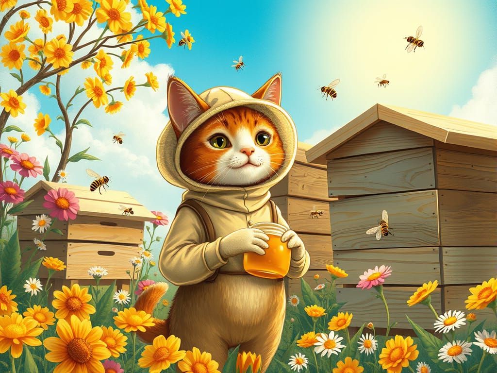 Beekeeper Cat in Blooming Garden, Storybook Style