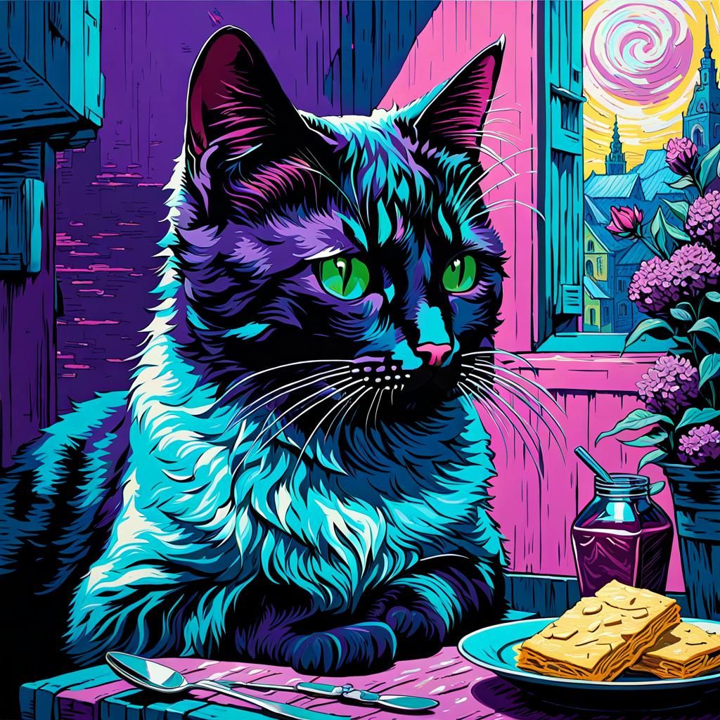 Cat's Yearning Dream in Impasto Blacklight Style