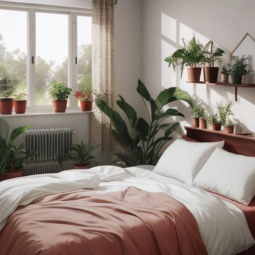 Light Red Bedroom with Plants: Professional Photography